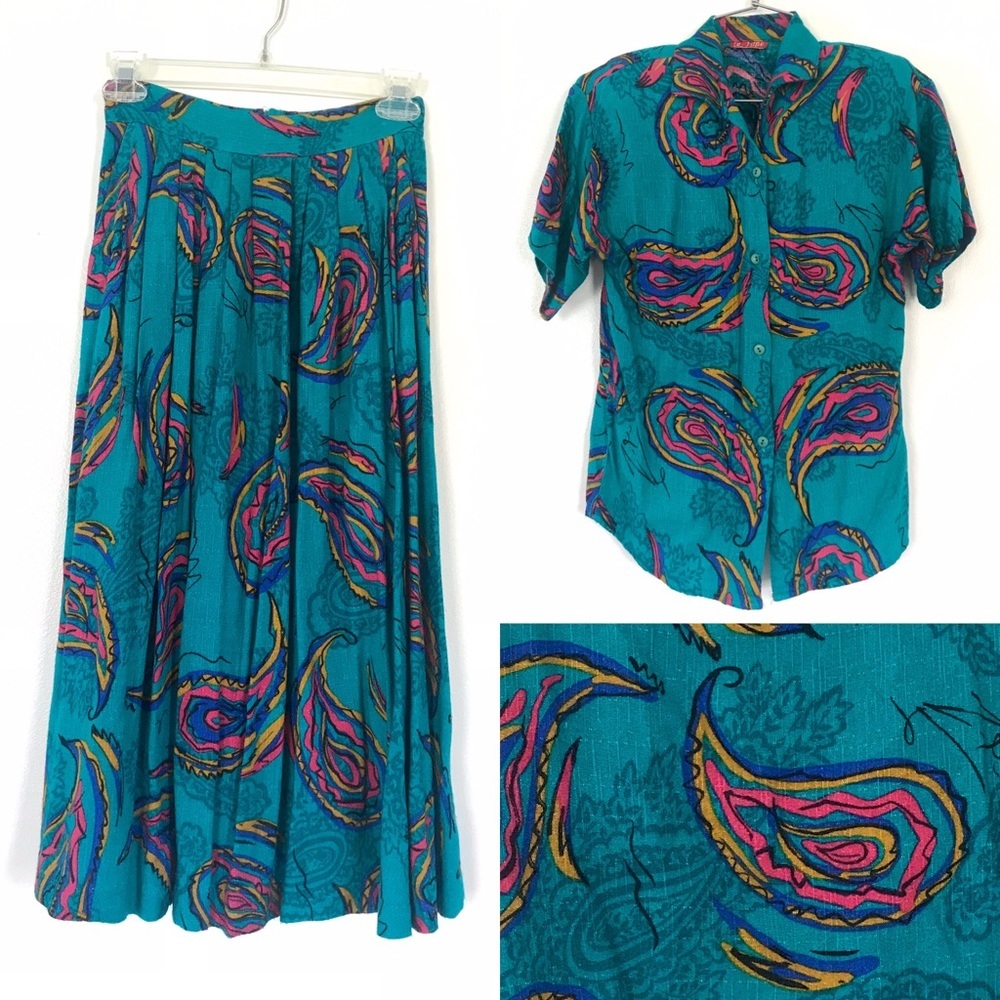 Vintage 80’s rainbow paisley skirt & shirt set